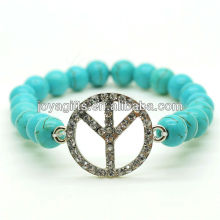 Bracelet en pierres précieuses en pierres rondes 8MM Turquoise avec logo Diamante Peace au milieu